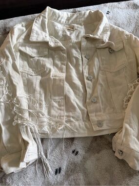 Cream Fringed Denim Jacket — Women's Jean Jacket